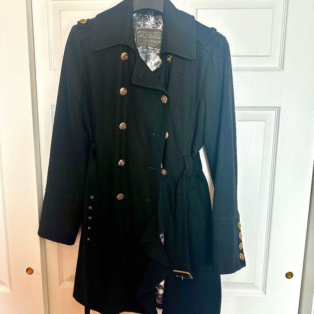 Guess Military Style Coat with Ruffle: Black
